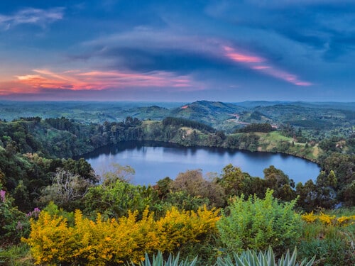 Panoramic crater lake view from the top of the world in the crater lake region in Uganda near Kibale