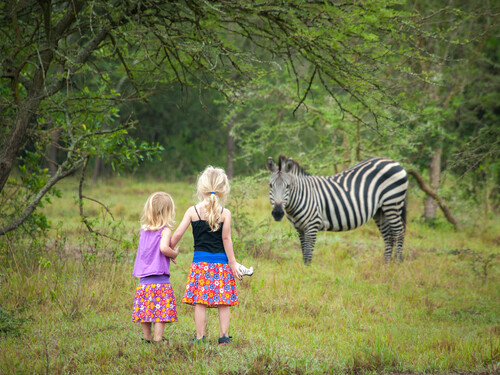 Girls showing their zebra toy to the zebra