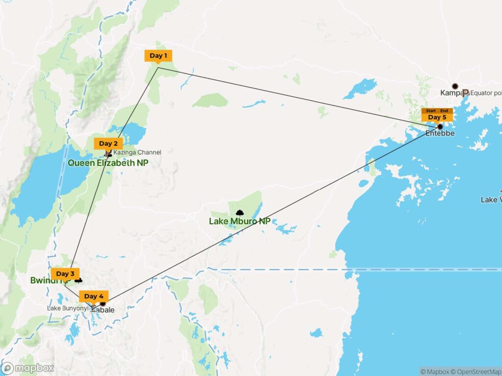 The route for our tour for 5 days gorilla treking